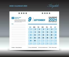 bureau kalender 2024 ontwerp, september 2024 sjabloon, kalender 2024 sjabloon, planner, gemakkelijk, muur kalender ontwerp, week begint Aan zondag, afdrukken, advertentie, blauw achtergrond, vector