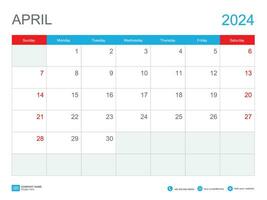 april 2024 sjabloon-kalender 2024 ontwerp , bureau kalender 2024 sjabloon, ontwerper gemakkelijk, week begint zondag, briefpapier, muur kalender, afdrukken, advertentie, vector illustratie