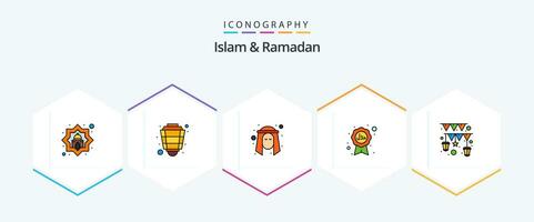 Islam en Ramadan 25 gevulde lijn icoon pak inclusief lintje. halal. Ramadan. Islam. persoon vector