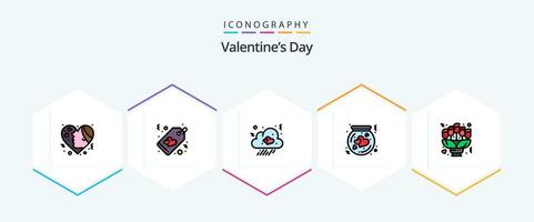 valentijnsdag dag 25 gevulde lijn icoon pak inclusief kringloopdoos. hart. label. fles. hart vector