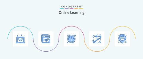 online aan het leren blauw 5 icoon pak inclusief boek. gezond. aan het leren. fruit. informatie vector