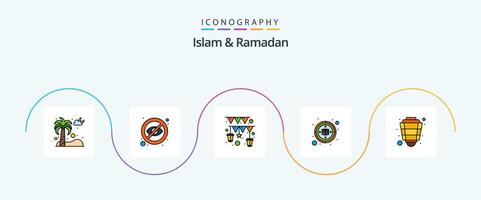 Islam en Ramadan lijn gevulde vlak 5 icoon pak inclusief lantaarn. qibla. verbergen. ka'aba. religie vector