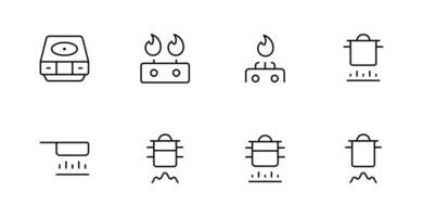 kookplaat en fornuizen icoon set. het inbegrepen vuur, , Koken, vlammen, kookplaten, kookplaat, magnetronoven en meer pictogrammen. bewerkbare hartinfarct. vector