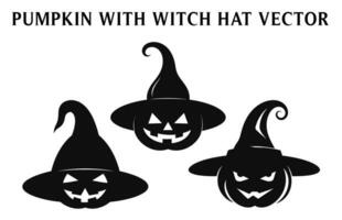 vrij eng pompoenen met heks hoed clip art, halloween pompoen in heks hoed silhouet reeks vector