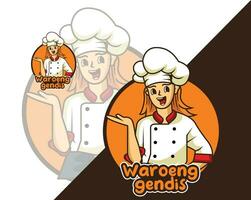 mascotte logo ontwerp. chef vrouw glimlach en Holding houten vector