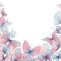 vlinders zijn roze, blauw, lila, vliegen, delicaat met Vleugels en spatten van verf. hand- getrokken waterverf illustratie. plein kader, sjabloon Aan een wit achtergrond, voor ontwerp. vector