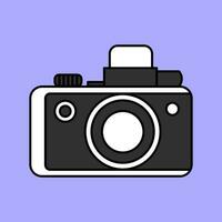 schattig oud fashioned zwart camera getrokken in tekenfilm stijl geïsoleerd Aan een lila achtergrond. fotograaf, tekening minimalistisch illustratie. vector