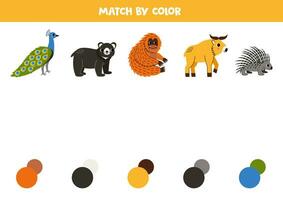 bij elkaar passen Aziatisch dieren en kleuren. leerzaam werkblad voor kinderen. schattig tekenfilm Pauw, zwart beer, orangoetan, takin en stekelvarken. vector