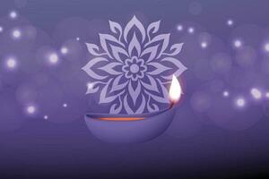 Purper diwali achtergrond met wit mandala en diya lamp vector