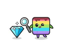 regenboogcake-mascotte controleert de echtheid van een diamant vector