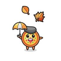 cartoon van de schattige pizza met een paraplu in de herfst vector