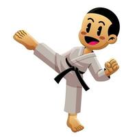 tekenfilm karate jongen het uitvoeren van trap techniek vector