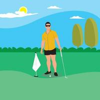 golfspeler Aan een golf Cursus. vector illustratie in vlak stijl