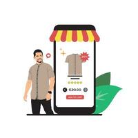 vector illustratie van een Mens met een mobiel telefoon. online boodschappen doen concept.