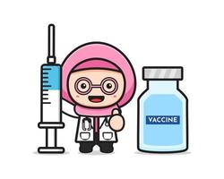 schattige moslim arts met spuit met vaccin cartoon afbeelding vector