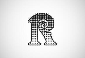 brief r logo in halftone dots stijl, stippel vorm logotype vector ontwerp.