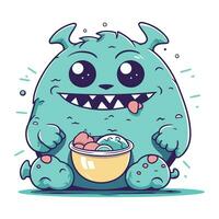 schattig monster met een kom van snoepjes. vector illustratie.