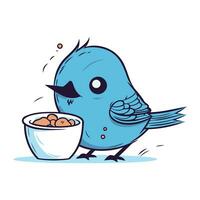 schattig blauw vogel met een kom van voedsel. vector illustratie.