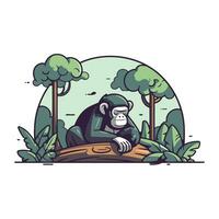 chimpansee zittend Aan een log in de Woud. vector illustratie