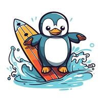 schattig pinguïn met surfboard Aan de Golf. vector illustratie.