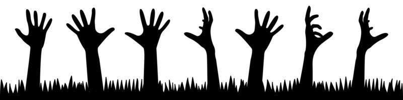 een set zombiehanden vanaf de grond. silhouetten van mensenhanden vector