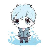 schattig anime jongen met blauw haar- in winter kleren vector illustratie ontwerp