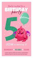 vijfde verjaardag partij uitnodiging met monster, aantal vijf, tekst en ballon. gelukkig verjaardag kaart in vlak tekenfilm stijl. vector illustratie. allemaal voorwerpen zijn geïsoleerd.