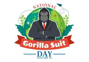 nationaal gorilla pak dag vector illustratie Aan 31 januari met heeft de hoofd van een gorilla's is gekleed netjes in een pakken en wereld kaart in achtergrond