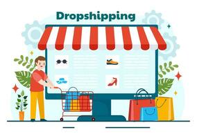 dropshipping bedrijf vector illustratie met zakenman Open e-commerce website op te slaan en laat leverancier schip Product in vlak tekenfilm achtergrond