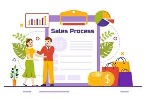 verkoop werkwijze vector illustratie met stappen van communicatie voor aantrekken nieuw klanten en maken winst in bedrijf strategie vlak achtergrond