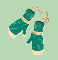 wanten paar- vlak tekenfilm getextureerde illustratie. winter handschoenen en winter vakantie concept. hand- getrokken vlak vakantie symbool. schattig groen wanten met ornament. modieus illustratie voor afdrukken en web. vector