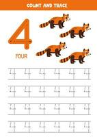 getallen traceren oefening. schrijven aantal vier. schattig tekenfilm rood panda's. vector