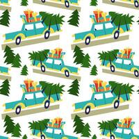 Kerstmis patroon met een blauw auto Aan de dak met cadeaus en een Kerstmis boom. meetkundig schrijfmachine Aan een wit. het kan worden gebruikt in de textiel industrie, papier productie, achtergrond, scrapbooking vector