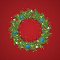 realistisch Kerstmis groen krans met blauw en wit ballen met sneeuw en een rood achtergrond met gouden sterren en rood bloemen. vector