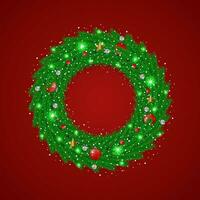 Kerstmis groen krans met wit en rood ballen met sneeuw en licht met gouden sterren. vector