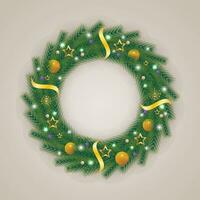 realistisch Kerstmis groen krans met gouden en blauw wit ballen en sneeuwvlokken en lichten met gouden sterren en lintje. vector