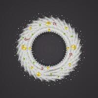Kerstmis wit krans met gouden ballen en sneeuw met licht en snoep. vector