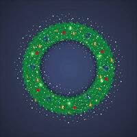 Kerstmis groen krans met blauw en rood ballen met sneeuw en licht met gouden sterren. vector