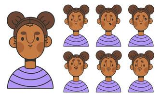 koel meisje tekenfilm karakter voor animatie emoties. jong meisje gezicht bouw. avatar met verschillend uitdrukkingen. tekenfilm vrouw personage, vector illustratie