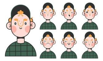 koel jongen tekenfilm karakter voor animatie emoties. jong Mens gezicht bouw. avatar met verschillend uitdrukkingen. tekenfilm mannetje personage roodharig. vector illustratie