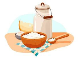 zuivel producten set. melk en huisje kaas en kaas Aan de keuken tafel. biologisch eigengemaakt voedsel. tekenfilm vector illustratie