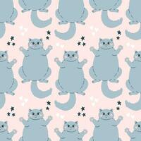 schattig kat naadloos patroon vector ontwerp. schattig grappig blauw katten met grappig uitdrukking geïsoleerd Aan roze achtergrond. dier vector achtergrond sjabloon voor kinderen.