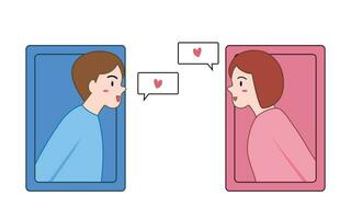 lang afstand verhouding en dating online. vrouw en Mens pratend door mobiele telefoon. paar illustratie vector