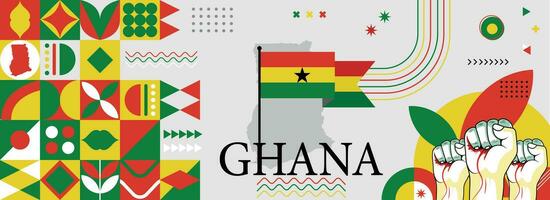 Ghana nationaal of onafhankelijkheid dag banier voor land viering. vlag en kaart van Ghana met verheven vuisten. modern retro ontwerp met typorgaphy abstract meetkundig pictogrammen. vector illustratie.