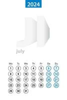 kalender voor juli 2024, blauw cirkel ontwerp. Engels taal, week begint Aan maandag. vector