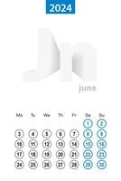 kalender voor juni 2024, blauw cirkel ontwerp. Engels taal, week begint Aan maandag. vector