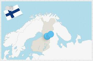 kaart van Finland met een vastgemaakt blauw pin. vastgemaakt vlag van Finland. vector