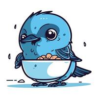 schattig tekenfilm blauw vogel aan het eten van een schaal. vector illustratie.
