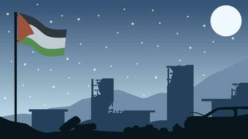 Palestina stad landschap vector illustratie. silhouet van vernietigen gebouwen Bij nacht met Palestina vlag. landschap illustratie van Palestina voor achtergrond of behang