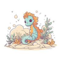 schattig tekenfilm dinosaurus zittend Aan de zand met bloemen. vector illustratie.